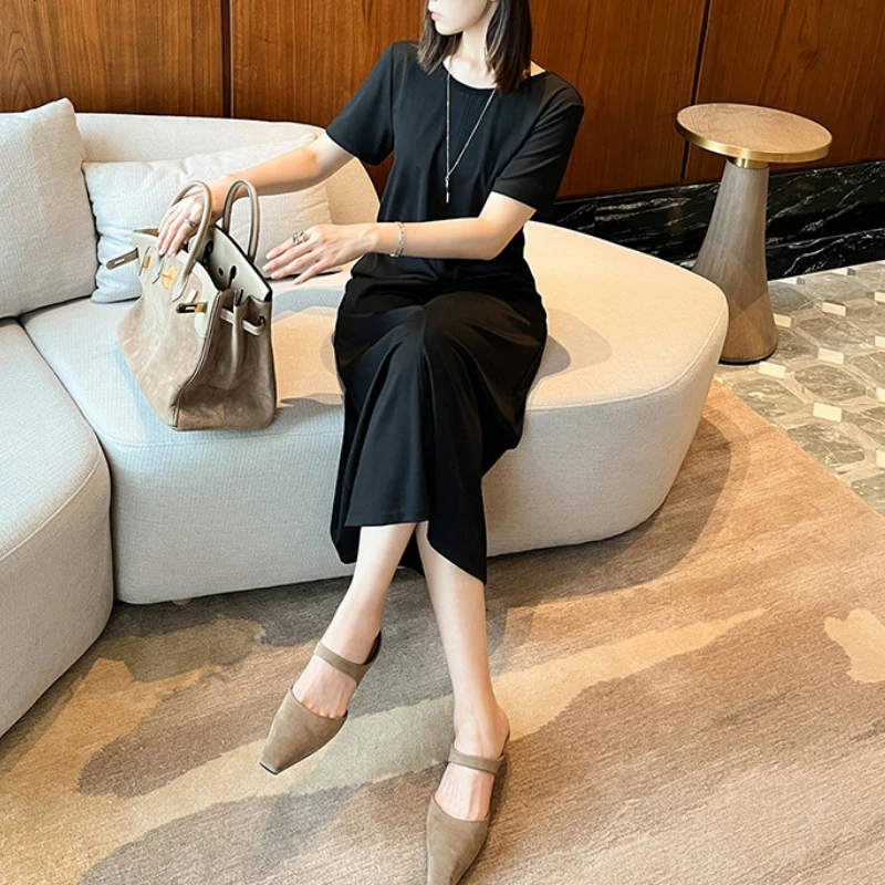 

Новинка весна-лето ДРАПИРОВАННОЕ тканевое прямое черное трикотажное платье с круглым вырезом для женщин