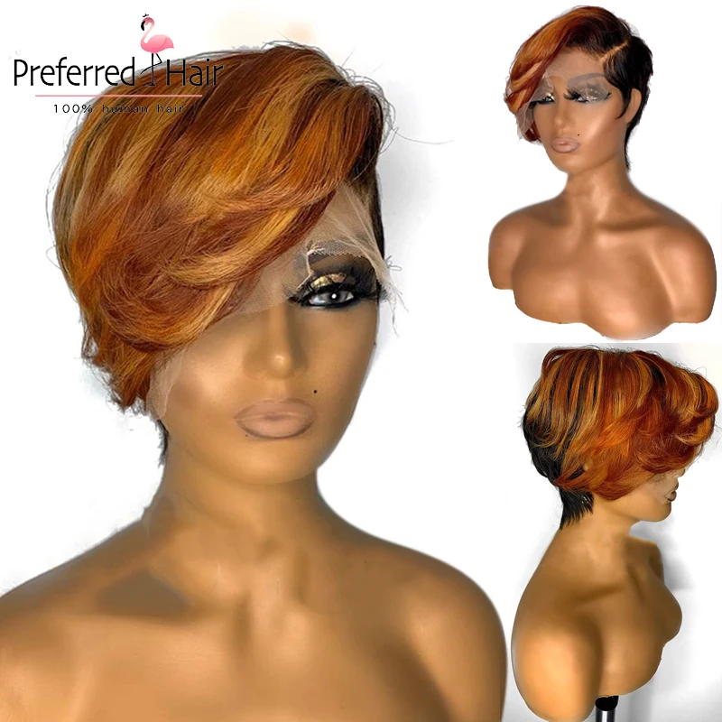 

Highlight Ginger Honey Blonde Ombre Color Short Pixie Cut Wavy Bob Lace Front 13X6 T Part Human Hair Wigs With Bangs Women Remy