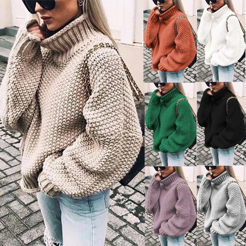 

New Autumn Winter Sweater Women Rolled Edge High Neck Knitwear Womans Long Sleeve Tops