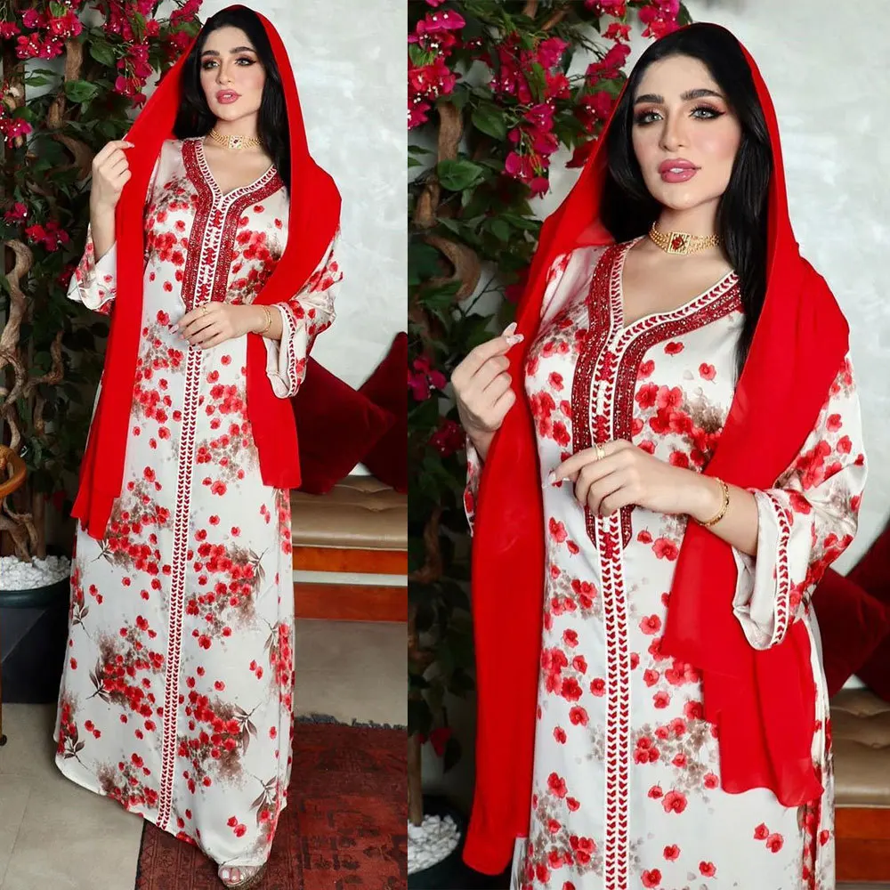 платья женские модные исламская одежда женщин Женское длинное платье с длинным рукавом, красно-белое платье с длинными рукавами, украшенно...