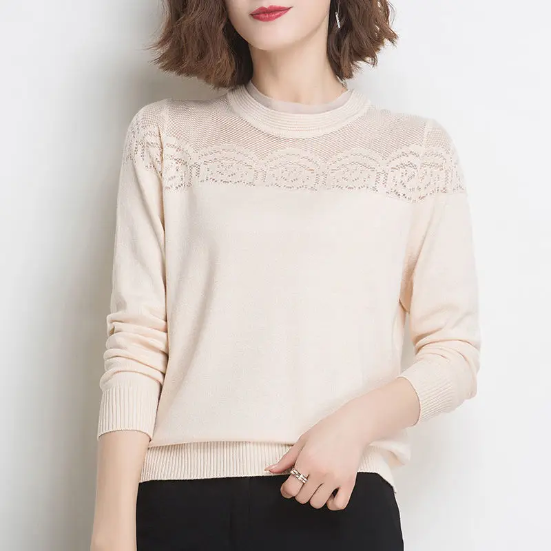 

Pullovers sweater 2023 new thin lace bottoming shirt sweater female Korean o neck solid casual hollow sweater pullovers top