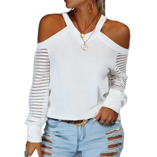 

Womens Long Sleeve Mesh Srtipe Blouse Shirt Cold Shoulder Neck Zipper Casual Pullover T-Shirt Slim Shirts Elegant Ladies Fashion