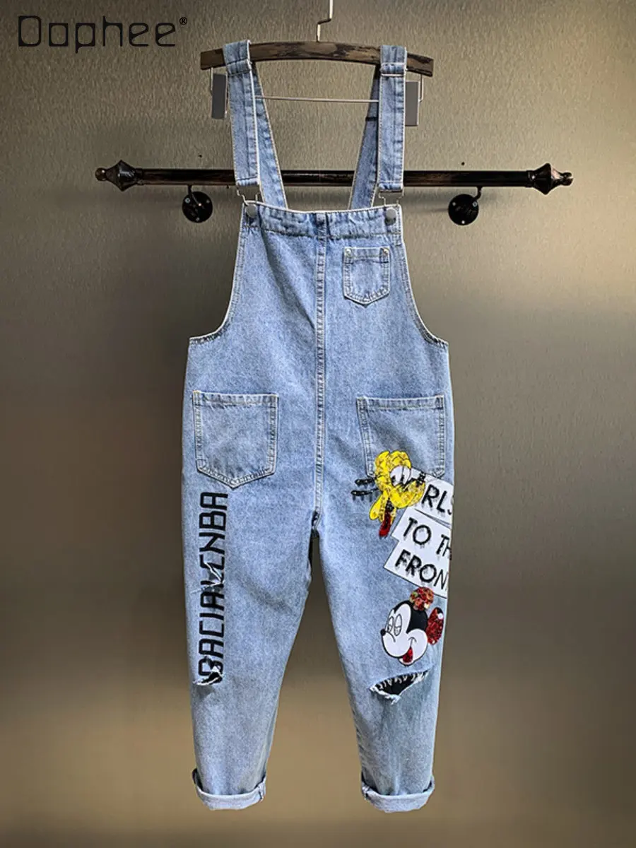 

Spring Autumn Denim Suspender Pants Women's Korean-Style Slim-Fit Cartoon Sequins Diamond High Waist Straight Ripped Long Pants