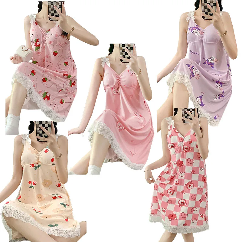 

Sanrios Kawaii Kuromi Summer Nightdress My Melody Cartoon Milk Silk Home Pajamas Christmas Gift Women's Long Nightdress