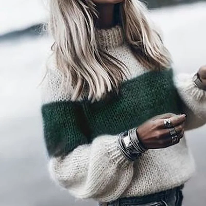 Women Loose Knitted Sweater Autumn Winter O Neck Striped Fuzzy Fluffy Sweater Pullovers Vintage Long Sleeve Patchwork Sweater