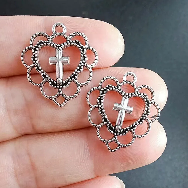 

20pcs Silver Color Heart Shaped Cross Charms Pendant For Women Earrings Accessories Jewelry Supplies 20x22mm