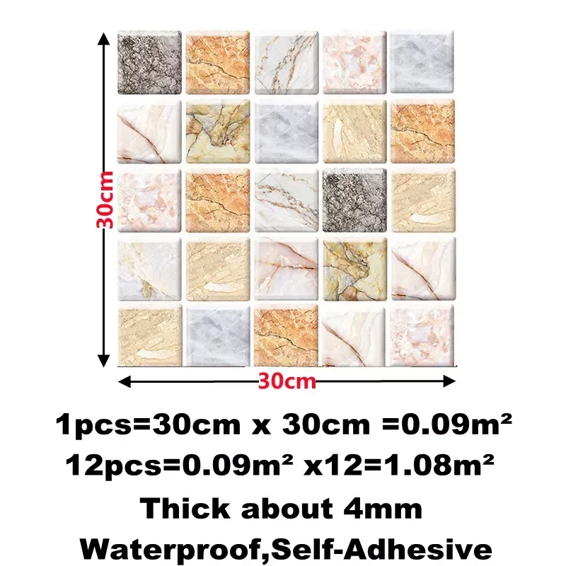 

12pcs 3D Mosaic Tile Wall Sticker Self-Adhesive Wall Stickers for Bathroom Kitchen Wall Refurbishment Wall paper Home Wall Decor