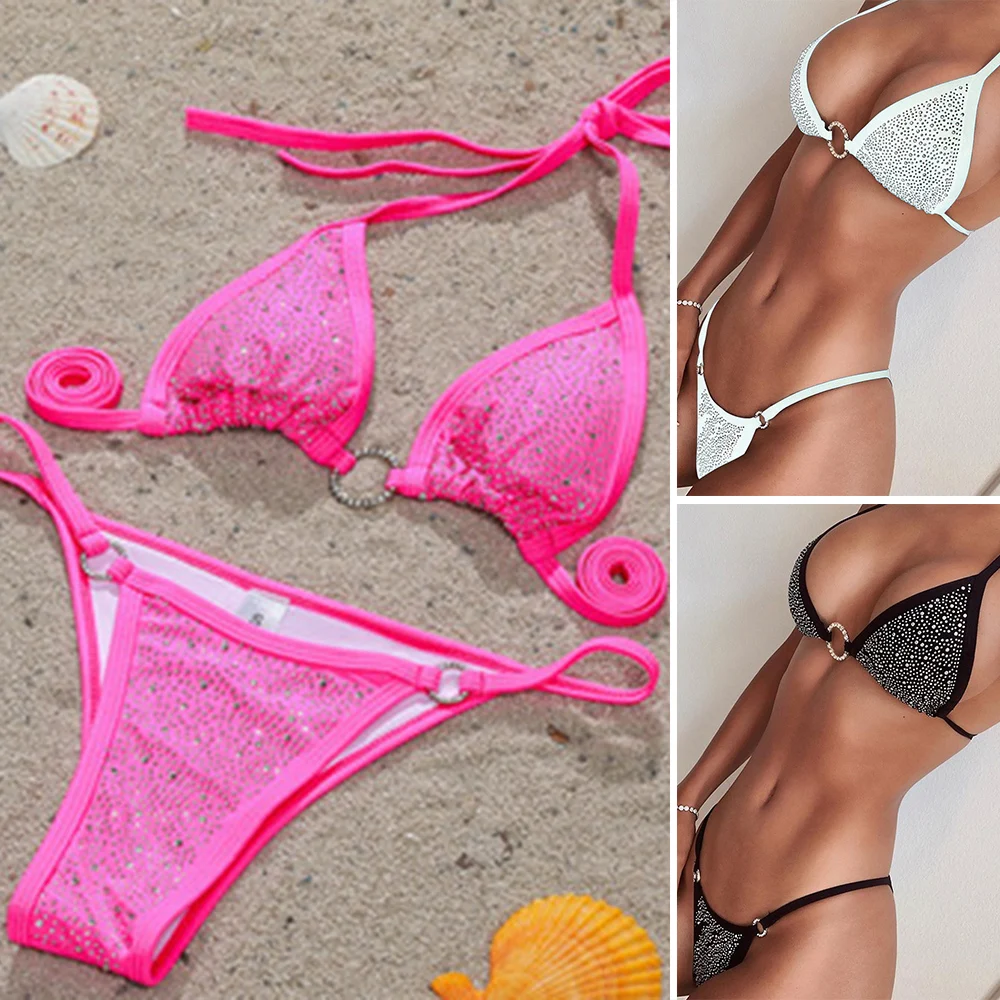 

Женский купальник из 2 предметов, сексуальное бикини с бриллиантами, Модный облегающий летний купальник для бассейна, пляжная одежда для за...