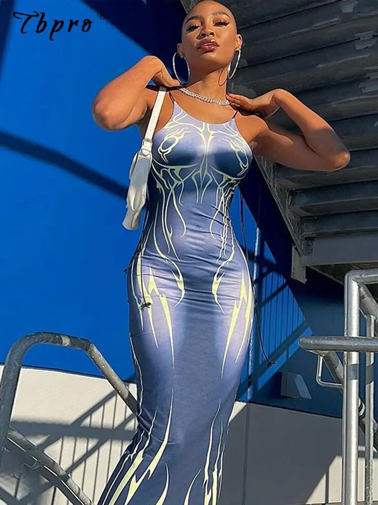 

Women Sexy Spaghetti Strap Maxi Dress Elegant Lady Printed Sleeveless Y2K Clothes Skinny Hip Dress Party Vestidos Mujer