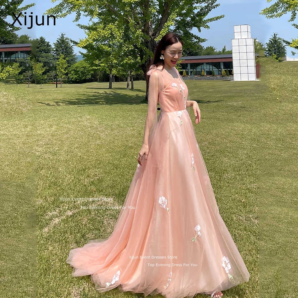 

Xijun розовые платья принцессы для выпускного вечера сказочные деловые Свадебные платья с цветочной аппликацией Свадебные платья на бретелях-спагетти