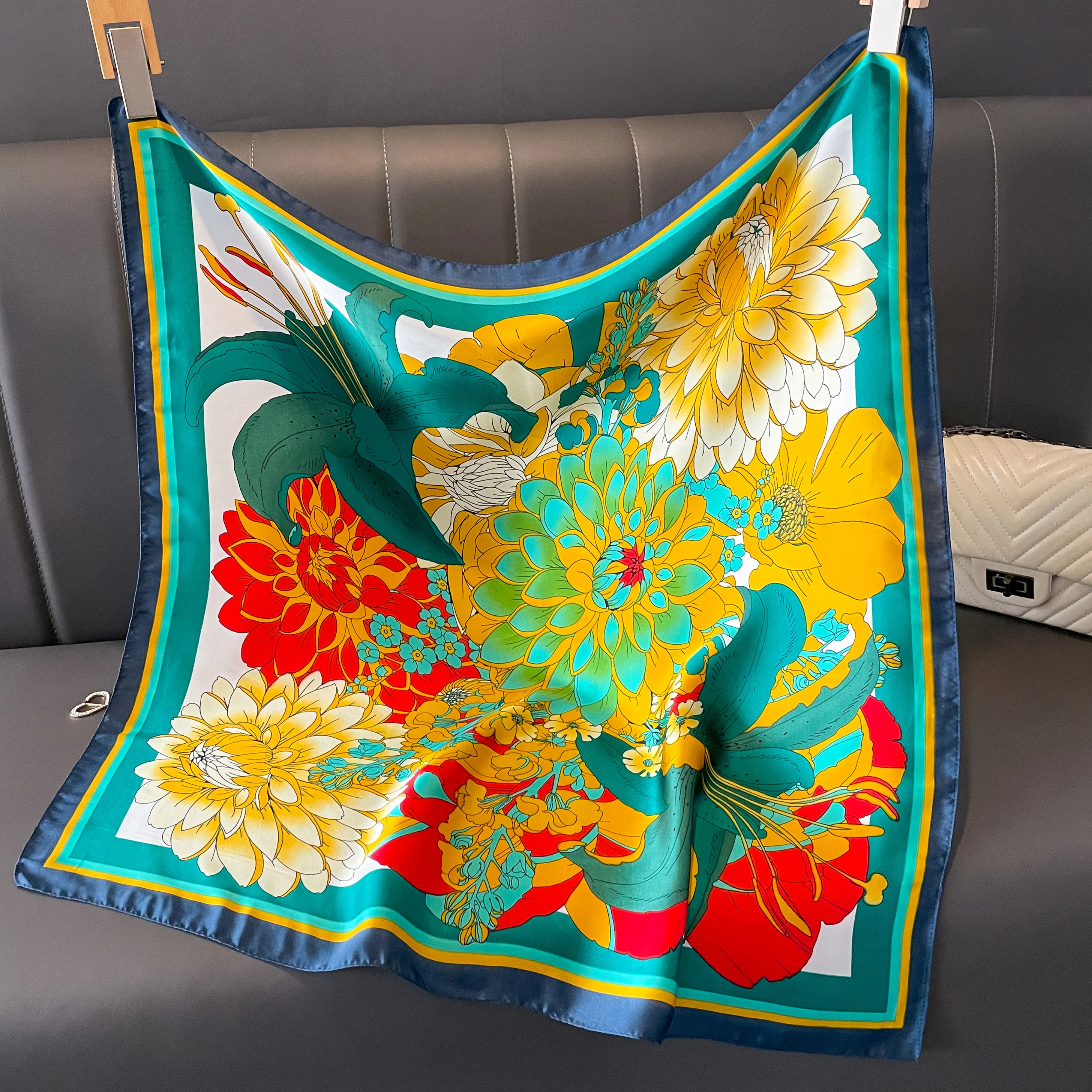 Женский Шелковый Шарф С Цветочным Принтом Квадратный Модный Головной Убор Шаль