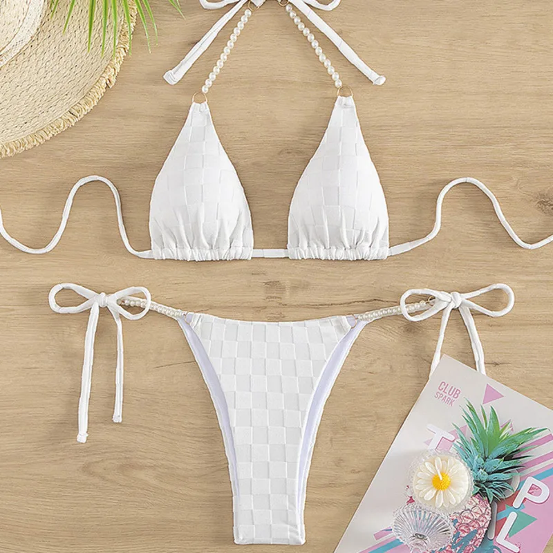 Сексуальные купальники бикини с жемчужной цепочкой женские эффектом пуш-ап