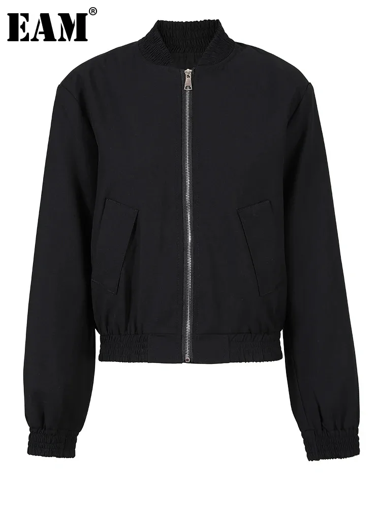 

[EAM] Свободная черная повседневная куртка большого размера, Новое Женское пальто с воротником-стойкой и длинным рукавом, модная демисезонная 2023 CPG0705