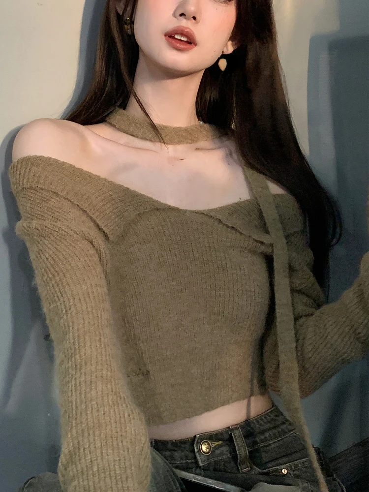 

Женский Осенний трикотажный свитер Y2k, элегантный укороченный топ, повседневный однотонный пуловер с длинным рукавом, модная одежда в Корей...