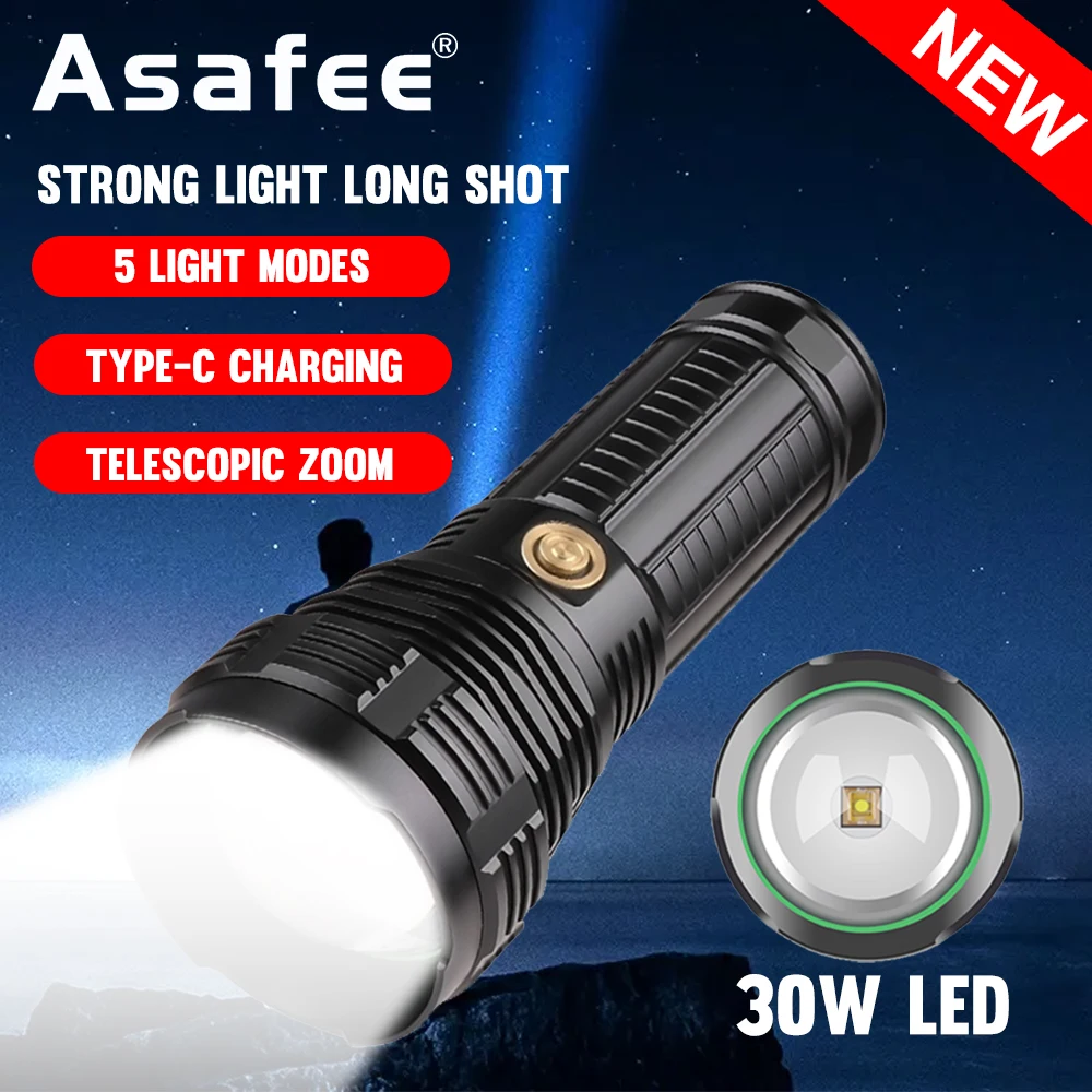 Super Bright 1800LM LED Flashlight 30W White LED Light  2000M Range ZOOM Torch With USB Rechargeabel Waterproof Camping Light