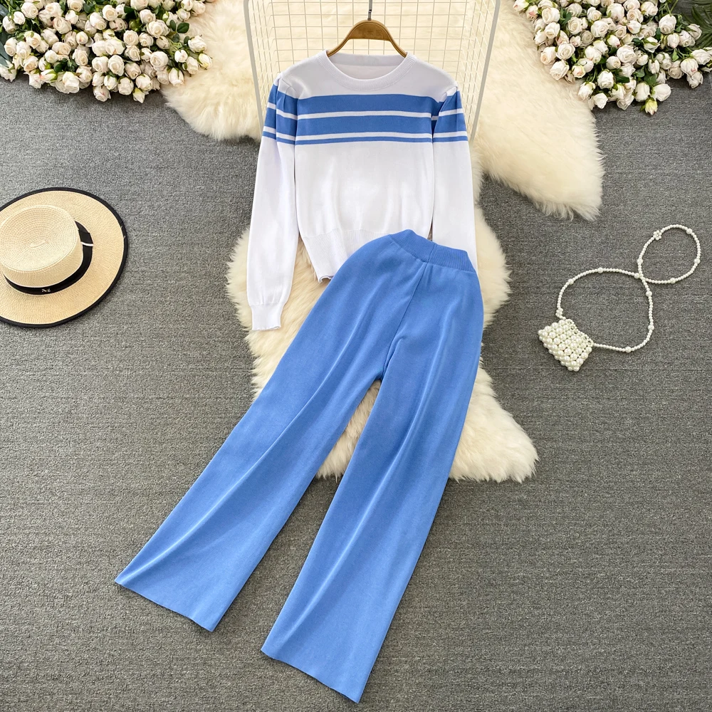 

Трикотажный спортивный костюм Amolapha, Повседневный свитер в полоску + Прямые брюки с высокой талией, женская одежда, комплекты верхней одежды