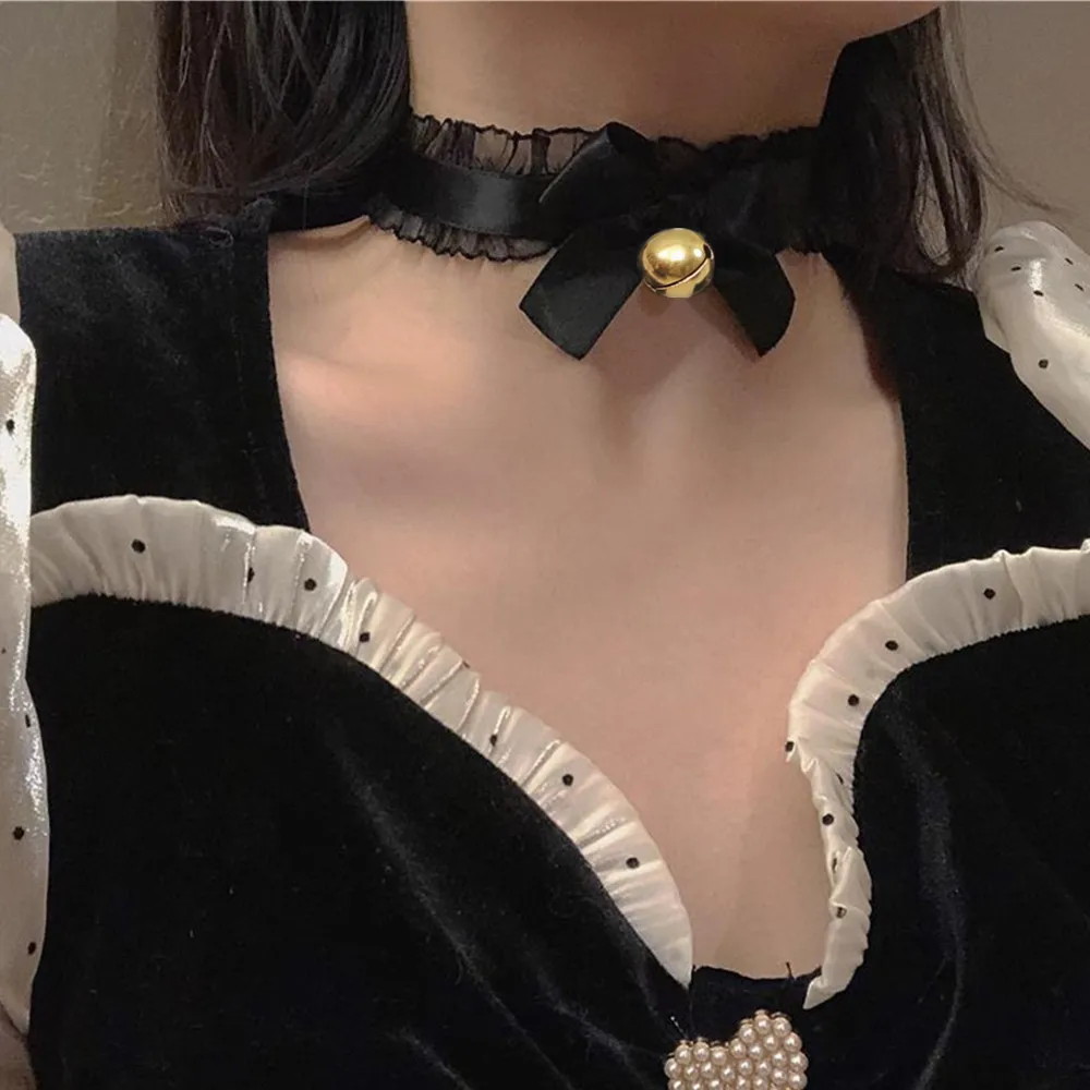 

Anime Kawaii Cosplay Lolita Bowknot Bell Pendant Lace Choker Necklace Statement Sexy Maid Collar Dress Girls Party Jewelry Goth