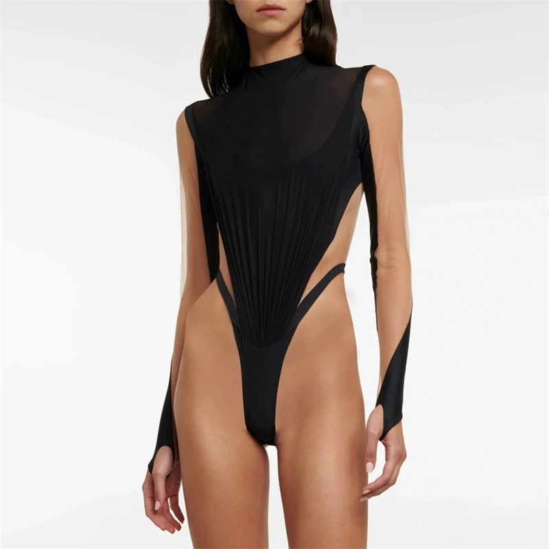 

Summer new women's high-necked mesh stitching perspective hollowed-out long-sleeved bodysuit y2k fashion sexy slim bottoming top