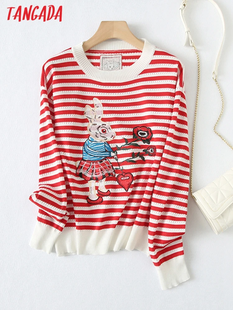 

Tangada Women 2022 Fashion Striped Animal Emboridery Knitted Sweater Jumper O Neck Female Oversize Pullovers Chic Tops YU69