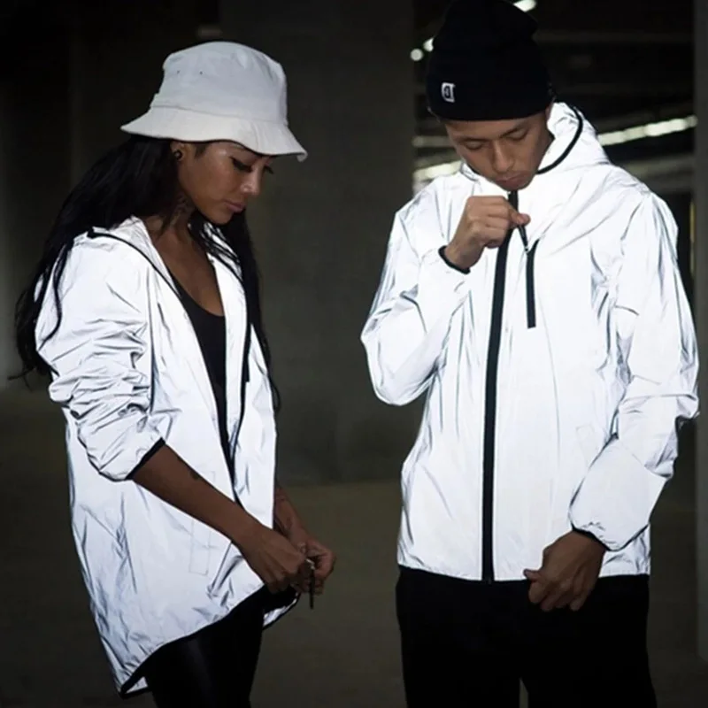 

Fashion Couples Jacket Spark Sequin Streetwear Coat for Men Hip-Hop Night Running 3M Reflective Windbreaker Zipper Sports Jacket