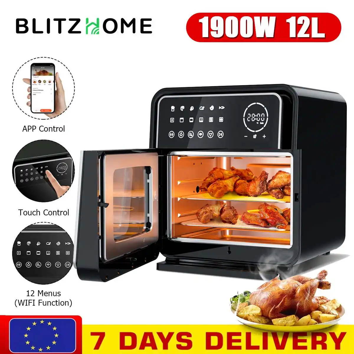 

BlitzHome 12L/13QT Electric Air Fryer Oven Rotisserie Dehydrator Toaster LED Touchscreen Large Capacity Chicken Frying Machine