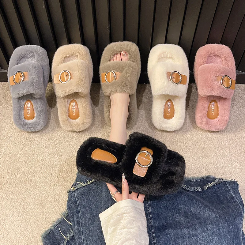 Summer Fluffy Raccoon Women Fur Slippers  Square Head Thick Heel   Flip Flop Flat Furry Fur Slides Sandals  Amazing  Girl Shoes