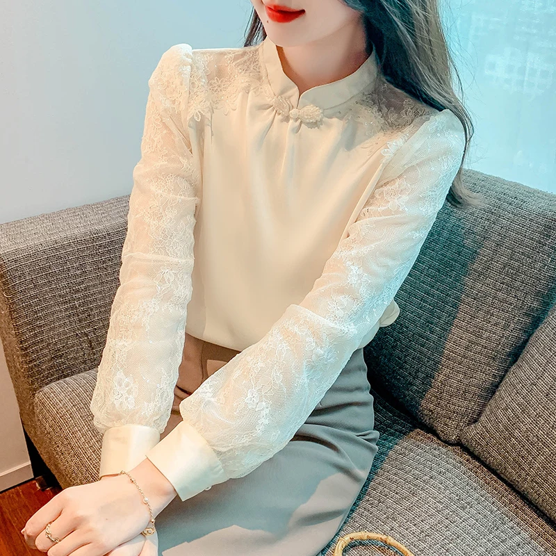 

Chiffon Women's Shirt Summer 2023 New Solid Blouses Lace Patchwork Loose Long Sleeve Top O-neck Ladies Clothing YCMYUNYAN