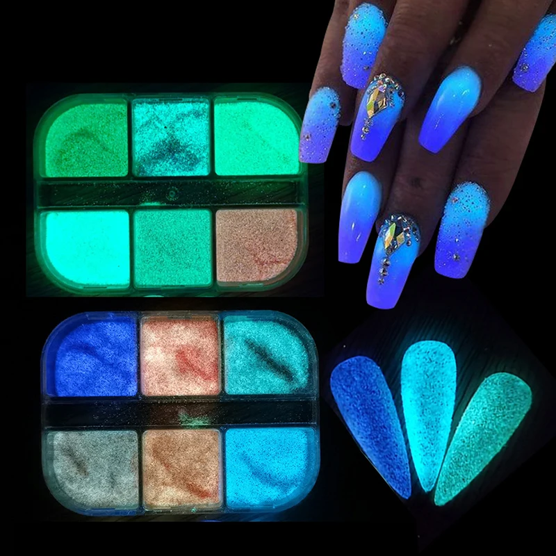 

6 Colors Boxed Nail Powder Luminous Pigment Nail Glitter Powder Art Decoration Fluorescent Sheet Hexagonal Neon Nail Art Deco