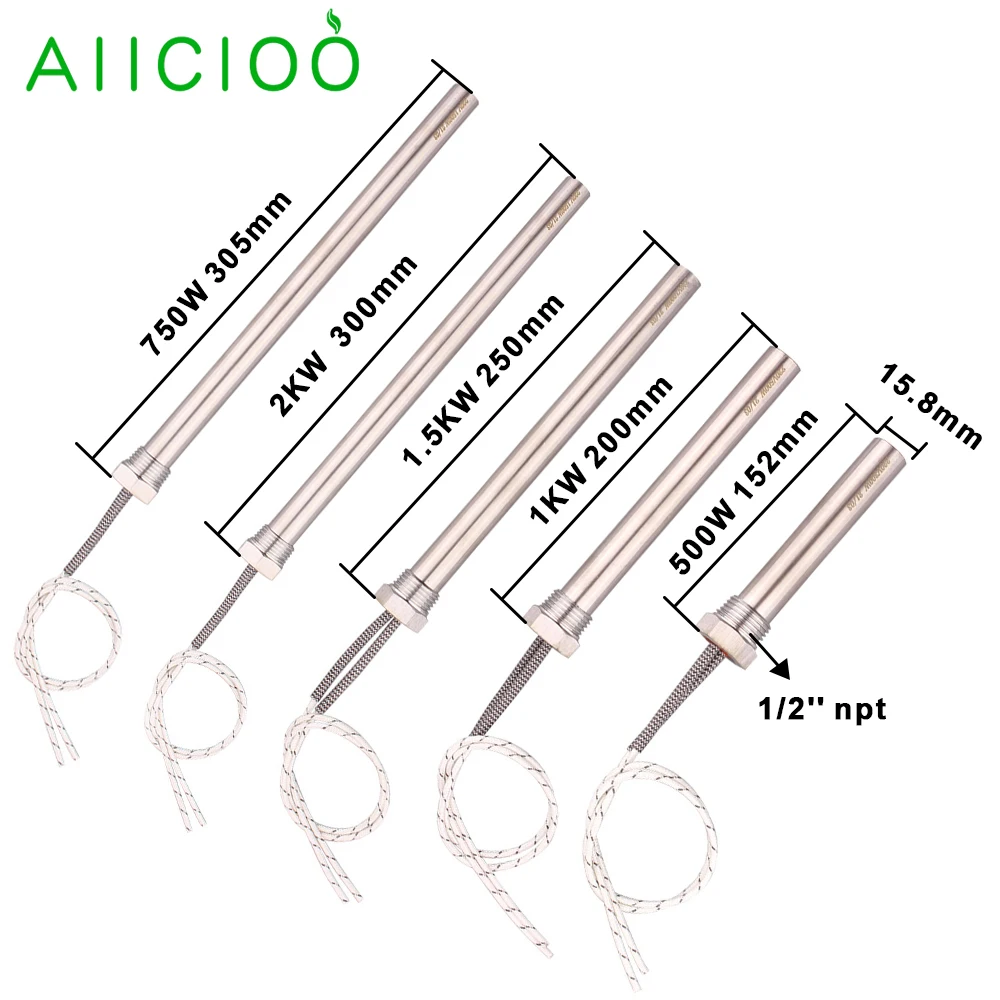 Нагреватель AIICIOO для картриджа, водонагреватель 1/2 ''NPT Thread 120 В/240 В 500 Вт/750 Вт/1 кВт/1,5 кВт/2 кВт, погружной трубчатый электрический нагревательный элемент