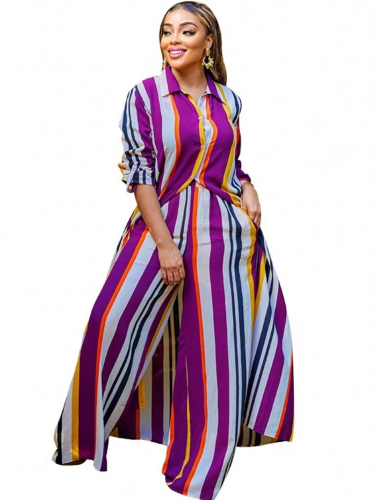 

African Shirt Dress Clothes Women 2 Piece Set Long Tops Pant Suits Fashion New Striped Print Streetwear Africa Clothing Outfits