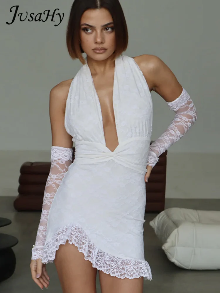 Женское летнее трикотажное кружевное платье Jusahy K24S48155 однотонное с лямкой на шее