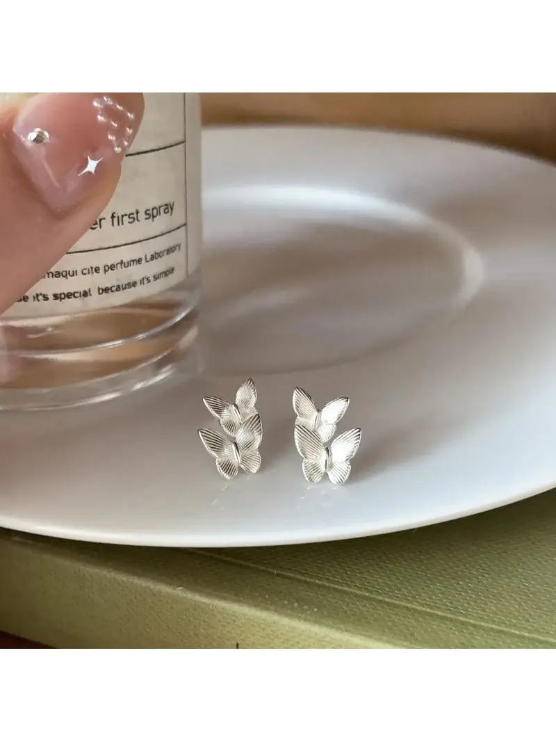 S925 Silver Needle Double Stud Earrings Women Korean Sle Ins Elegant Gentle Sweet Atmosphere All-Match Brushed Ea...