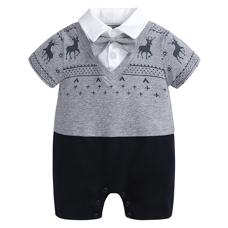 

Summer Outfits Newborn Boys Clothes Fashion Print Bow Gentleman Jumpsuit Short Sleeve Cotton Toddler Romper Baby Clothing BC229