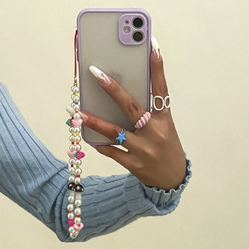 

Handmade Woven Imitation Pearl Mushroom Phone Chain Fruit Simple Lanyard for Women Girls Sweet Accessories