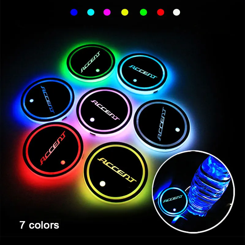 

2Pieces USB Car Logo Led For Hyundai Accent 2020 Auto Accessories Atmosphere Light Cup Luminous Water Coaster Holder