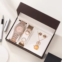 5pcs women luxury watches fashion rose gold rhinestone band with 316 stainless steel braceletnecklaceearringrings gift set