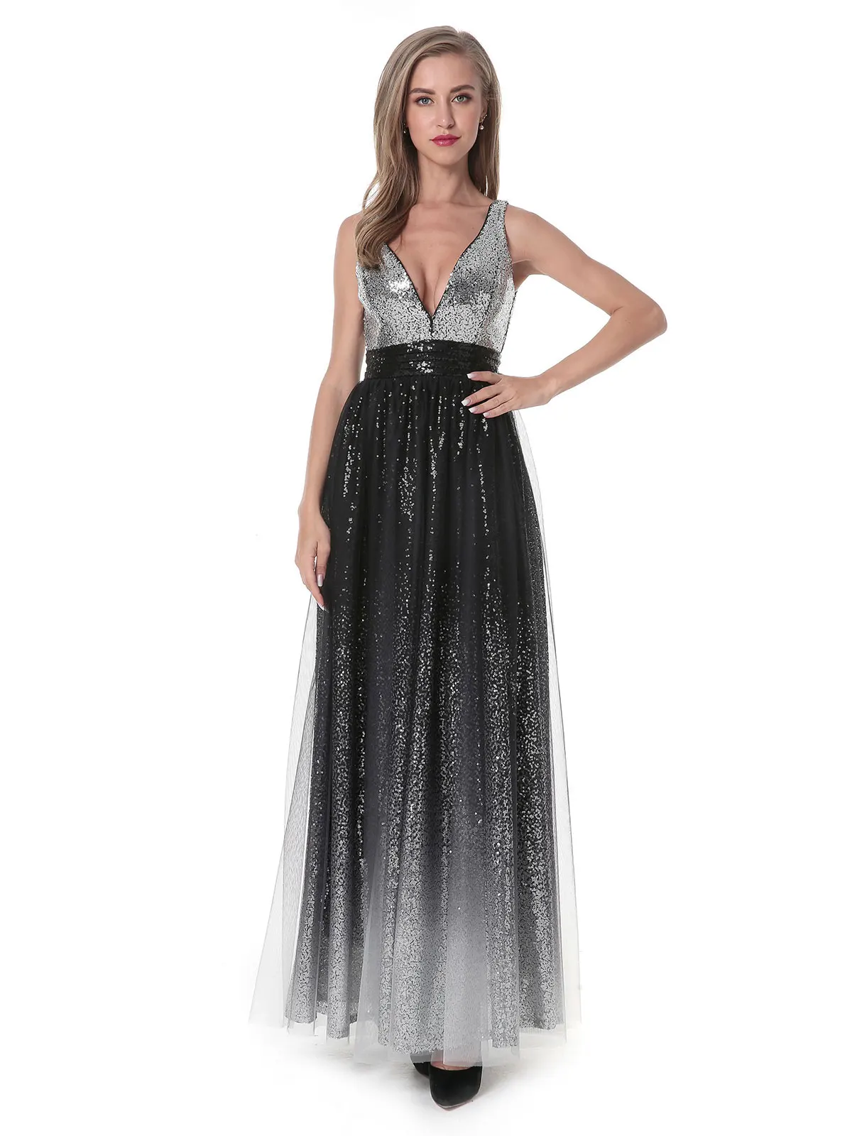 Женское длинное вечернее платье макси с блестками и V-образным вырезом
