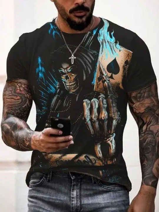 

2023 Summer Men's Printed Casual Crew Neck Short Sleeve T-Shirt Skull Playing Card 3D Printed T Shirt