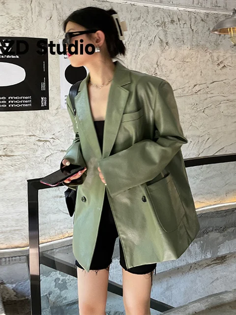 

[ZD Studio] Women Green Pockets Pu Leather Size Casual Blazer New Lapel Long Sleeve Jacket Tide Spring Autumn 2023