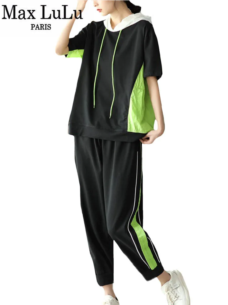 

Женский костюм для фитнеса Max LuLu, роскошный свободный комплект из двух предметов, топ с капюшоном и эластичные шаровары, лето 2022