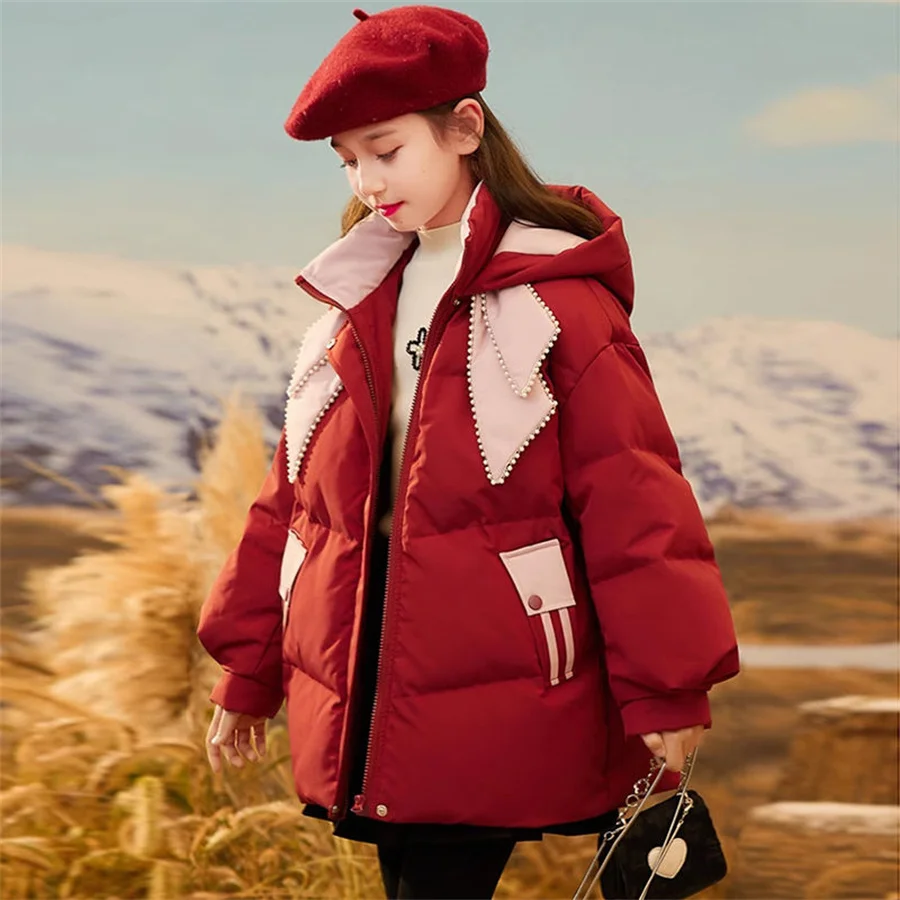 

2023 New Winter Teenager Long Style Girls Jacket Keeping Warm Hooded WIndbreaker Coat For Girl Fur Collar Children Outerwear