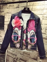 spring autumn new korean style beaded sequins contrast color long sleeves fashion denim jacket womens casual ladys deans coat