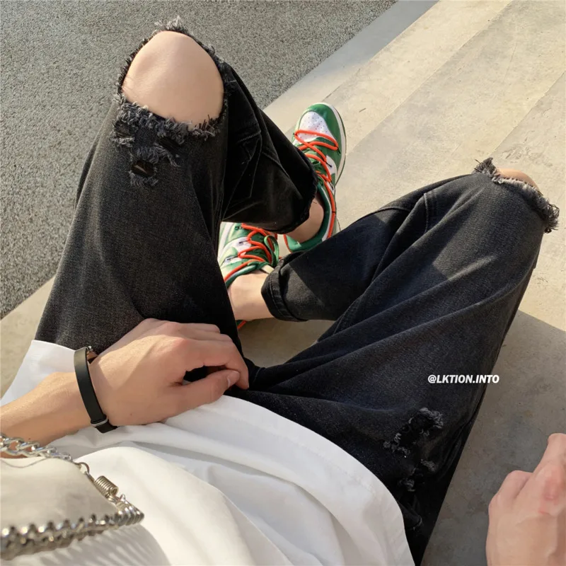 Summer Black Ripped Jeans Men Fashion Casual Straight Jeans Men Streetwear Loose Hip Hop Hole Denim Pants Mens Trousers S-3XL