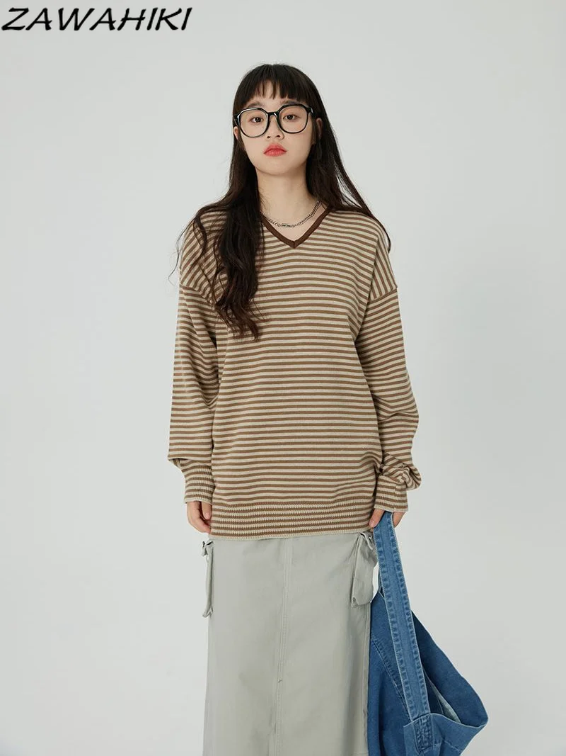 

Harajuku Striped V-neck Hoodies Spring Autumn Casual Streetwear Pullover Striped Long Sleeve T-shirt Women Loose Top Sweatshirt