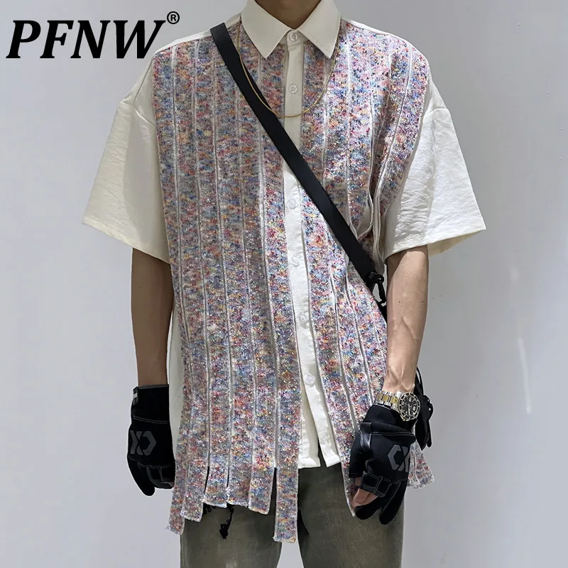 

PFNW Spring Summer New Men's Shirt Tassel Spliced Short Sleeve Shirt Loose Trend Niche Handsome Handsome Casual Clothes 28A2738