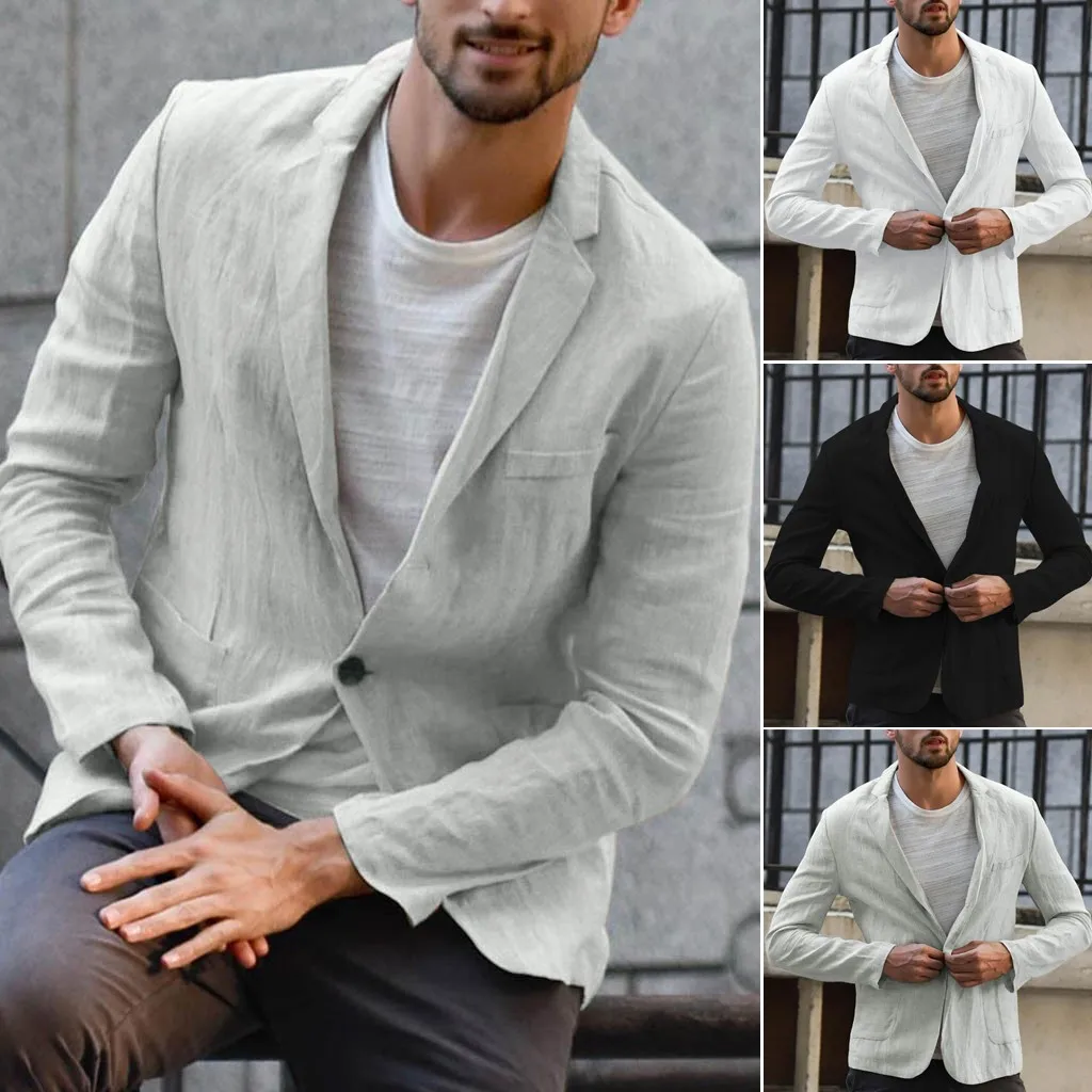 

Men Blazer 2023 Autumn Jacket Slim Thin Fit Linen Blend Pocket Long Sleeve Suits Blazer Jacket Outwear blazer masculino In Stock