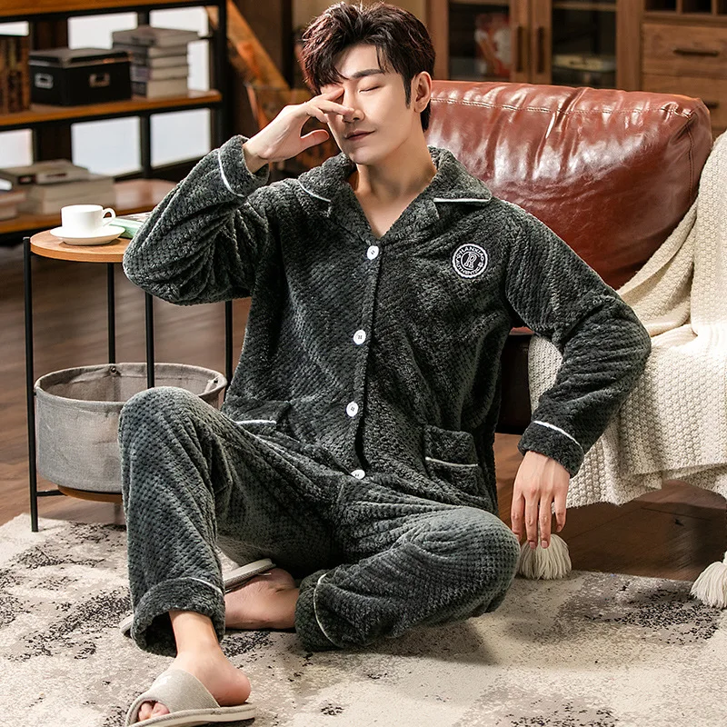 Winter Warm Sleepwear Flannel Thicken Warm Flannel Pajamas Sets For Men Korean Fashion Coral Fleece Nightwear Pjs Male Homewear