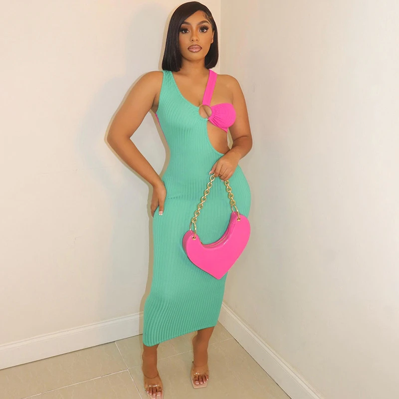 Color Patchwork Ribbed Maxi Dress Women Sexy Round Ring Sleeveless Cut Out Cleavage Bodycon Club Party Robe Summer Clothing