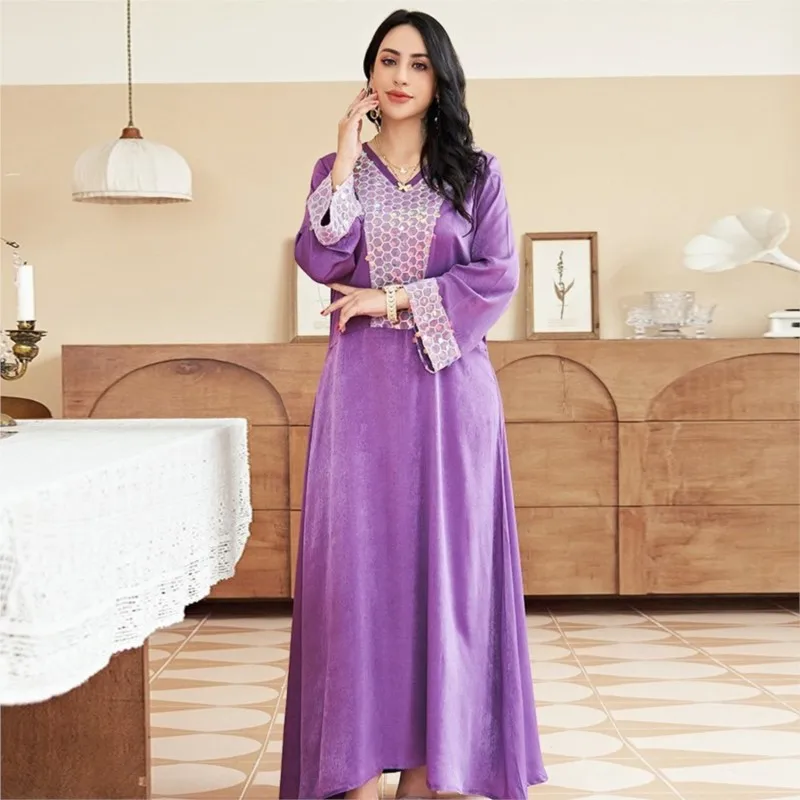 

Abaya Women's Muslim Dubai Sequin Party Dress Arab Robe Long Sleeve Maxi Dresses Gorgeous African Dresses Spring Autumn 2022 New