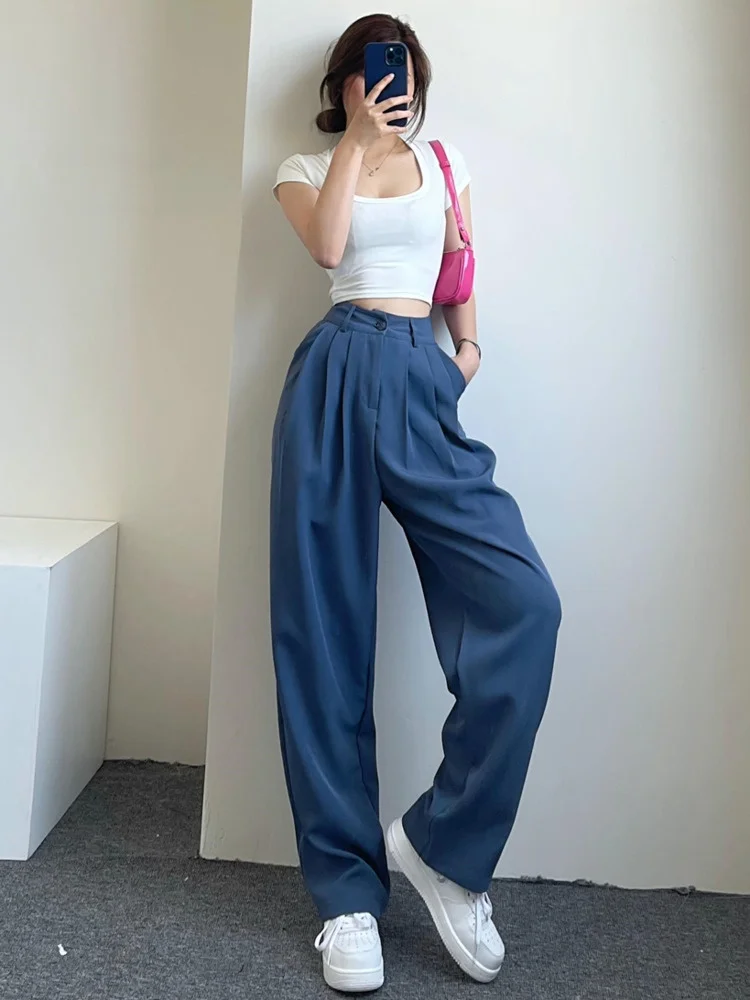 

Retro Sweet High Waist Drooping Trend Casual Wide Leg Pants Solid Color High Street Loose All-match Women's Clothing FEBQ